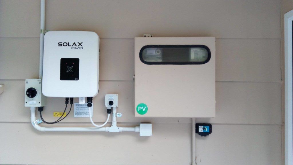 Meter board, SOLAX inverter and isolation switches.